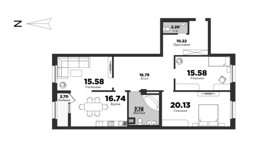 NEVA HAUS, 3 bedrooms, 106.37 m² | planning of elite apartments in St. Petersburg | М16